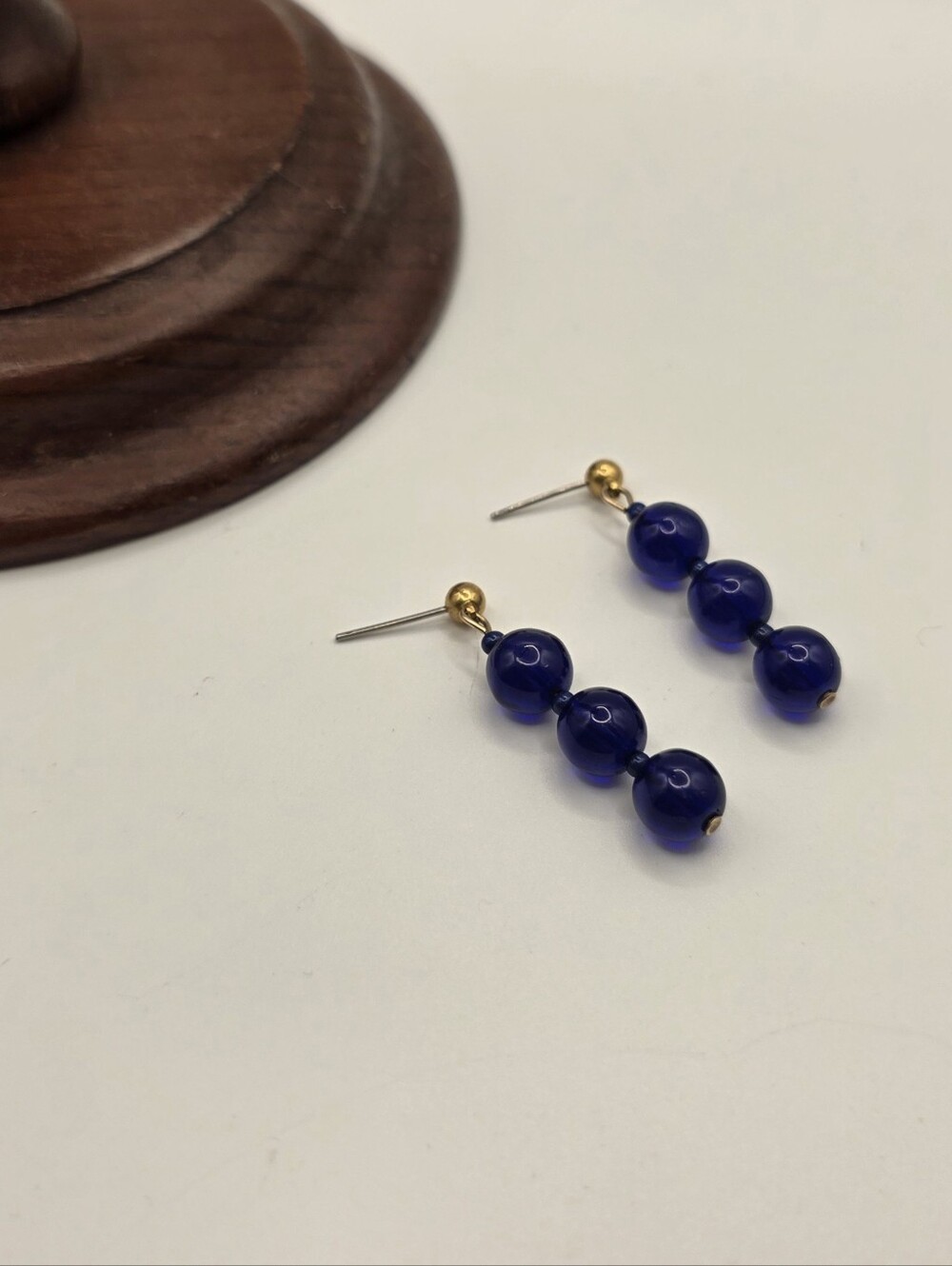 VTG Cobalt Blue Glass Beaded Dangle Drop Earrings 1.5"
